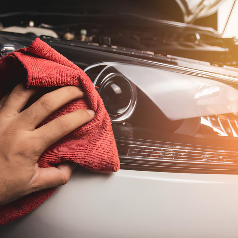A person cleaning a car's headlight with a red cloth.